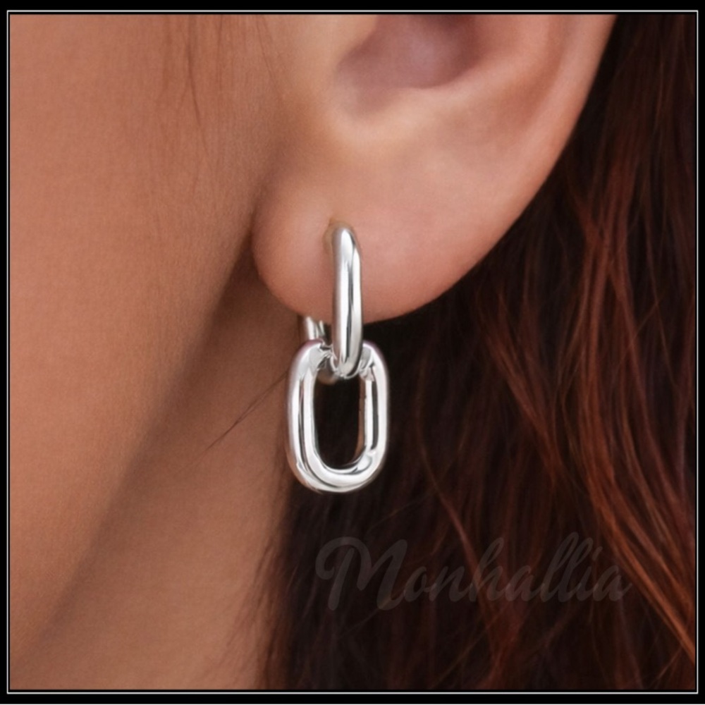 New Polished Silver Double Link Power Hoop Earrings - Women Jewelry